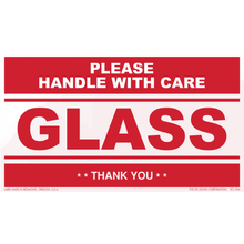 Red and white warning label for fragile glass items.