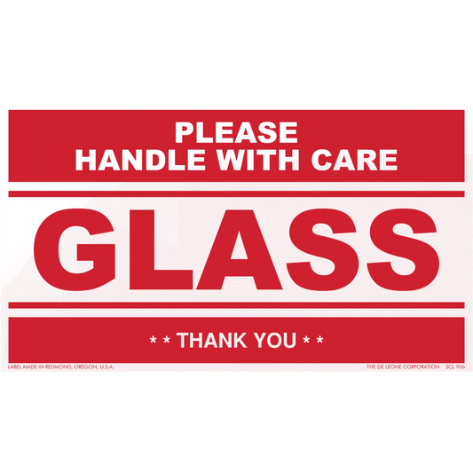 Red and white warning label for fragile glass items.