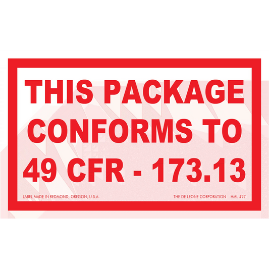 Red and white shipping label stating ’THIS PACKAGE CONFORMS TO 49 CFR - 173.13’’