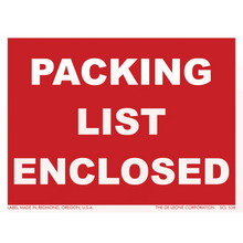 Red and white shipping label that reads ’PACKING LIST ENCLOSED’