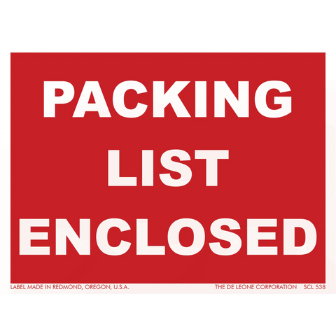 Red and white shipping label that reads ’PACKING LIST ENCLOSED’