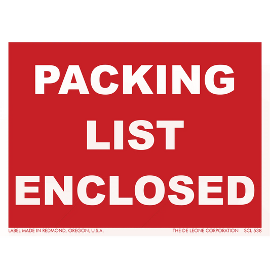 Red and white shipping label that reads ’PACKING LIST ENCLOSED’