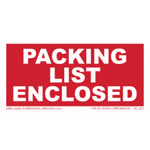 Red and white ’PACKING LIST ENCLOSED’ shipping label.