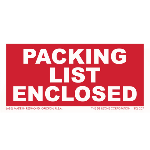 Red and white ’PACKING LIST ENCLOSED’ shipping label.