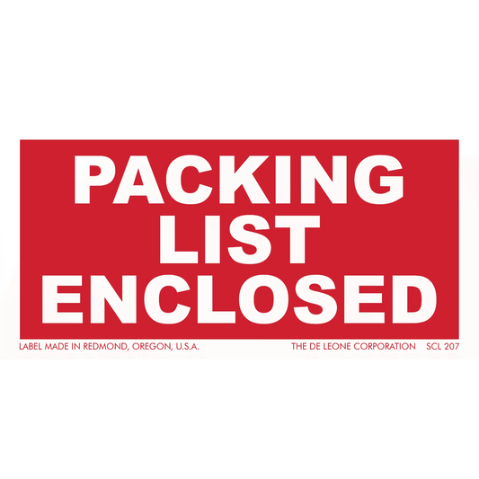 Red and white ’PACKING LIST ENCLOSED’ shipping label.