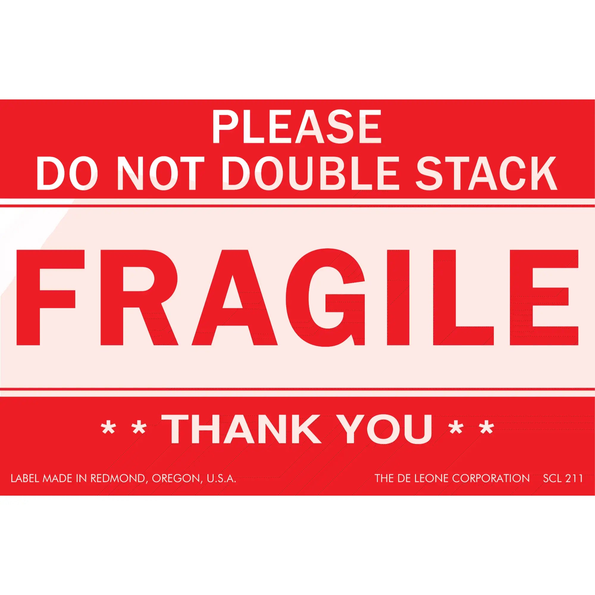 Red and white ’FRAGILE’ shipping label with handling instructions.