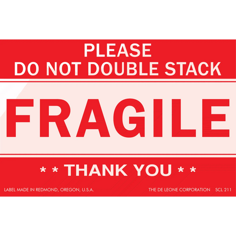 Red and white ’FRAGILE’ shipping label with handling instructions.