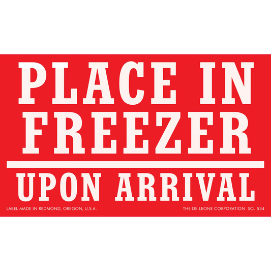 Red and white shipping label with text ’PLACE IN FREEZER UPON ARRIVAL’