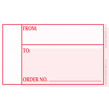 Red and white shipping label with ’FROM:’, ’TO:’ and ’ORDER NO.’ fields.