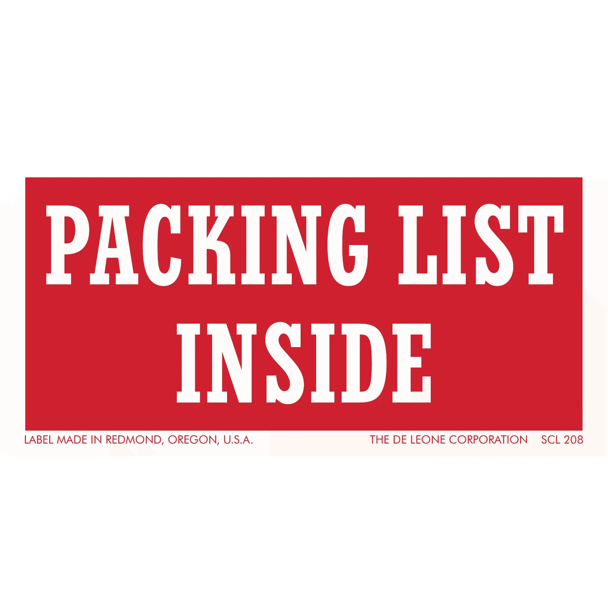 Red and white shipping label that reads ’PACKING LIST INSIDE’