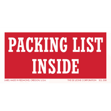 Red and white shipping label that reads ’PACKING LIST INSIDE’