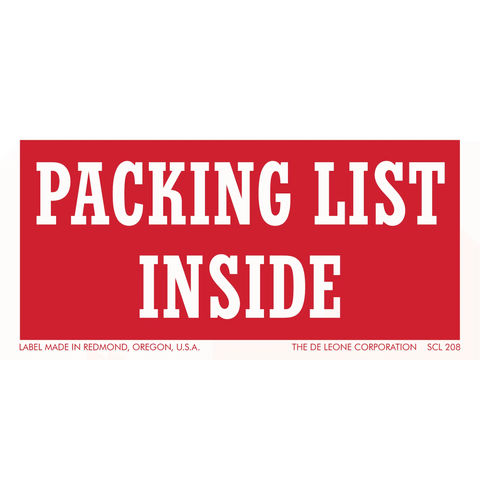 Red and white shipping label that reads ’PACKING LIST INSIDE’