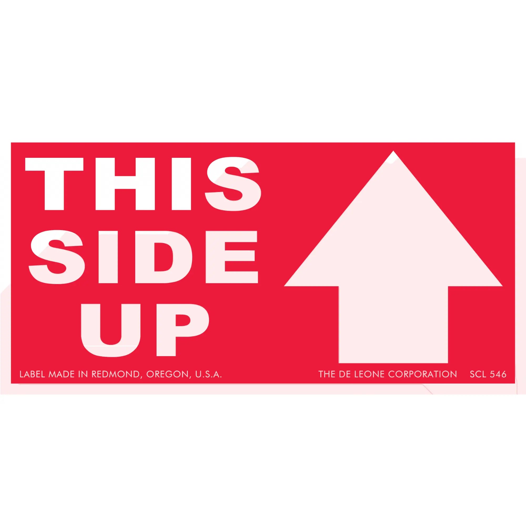 Red shipping label with white text reading ’THIS SIDE UP’ and an upward-pointing arrow.