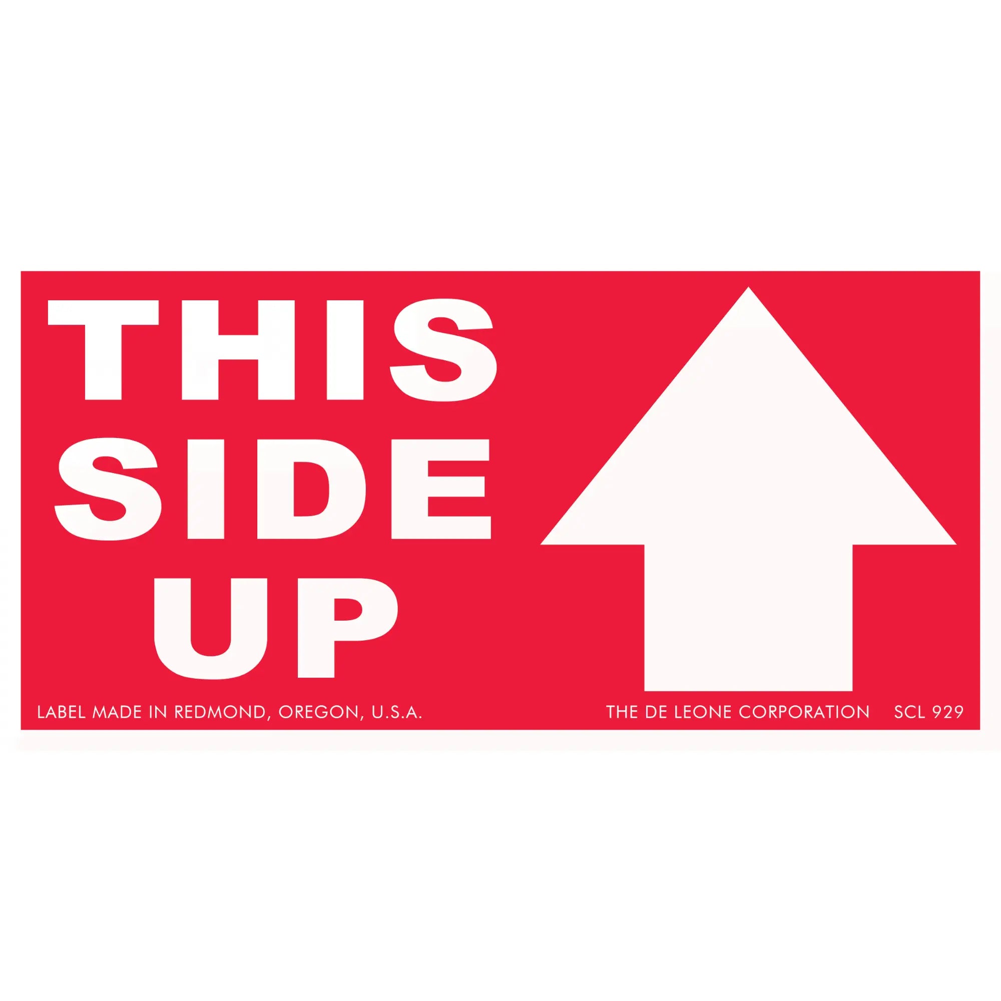 Red and white shipping label with ’THIS SIDE UP’ text and an upward-pointing arrow.