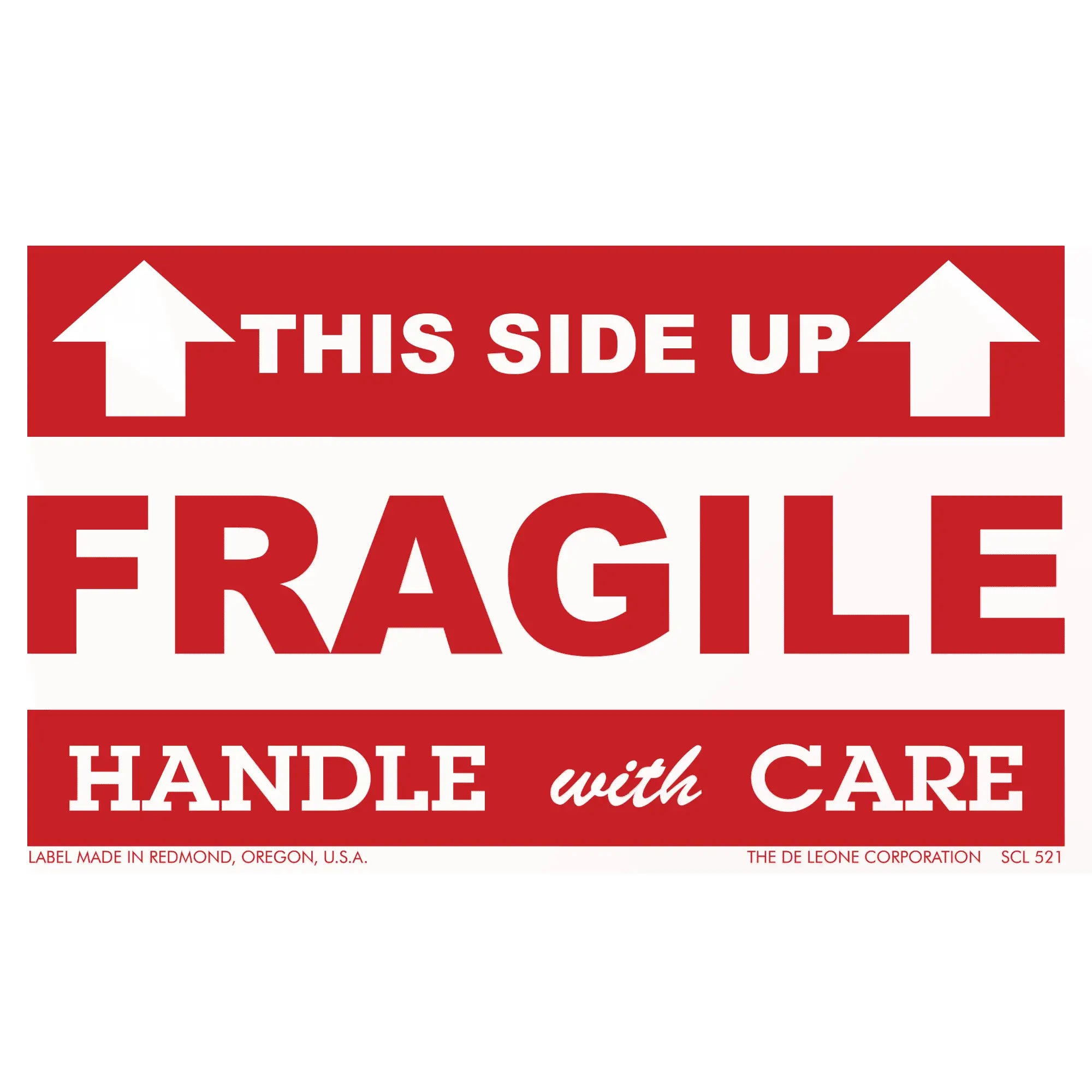 Red and white ’FRAGILE - HANDLE WITH CARE’ shipping label with ’THIS SIDE UP’ arrows.