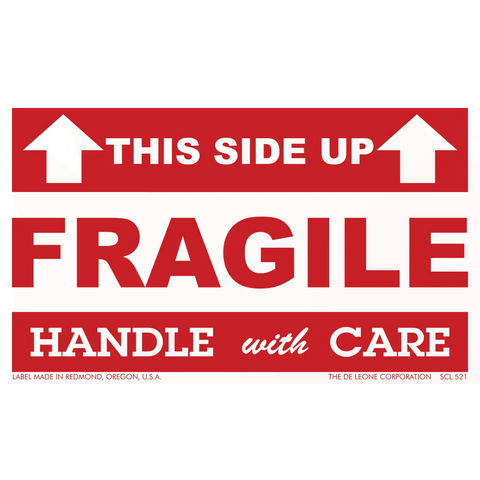 Red and white ’FRAGILE - HANDLE WITH CARE’ shipping label with ’THIS SIDE UP’ arrows.