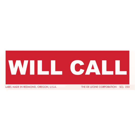 Red rectangular label with white text reading ’WILL CALL’