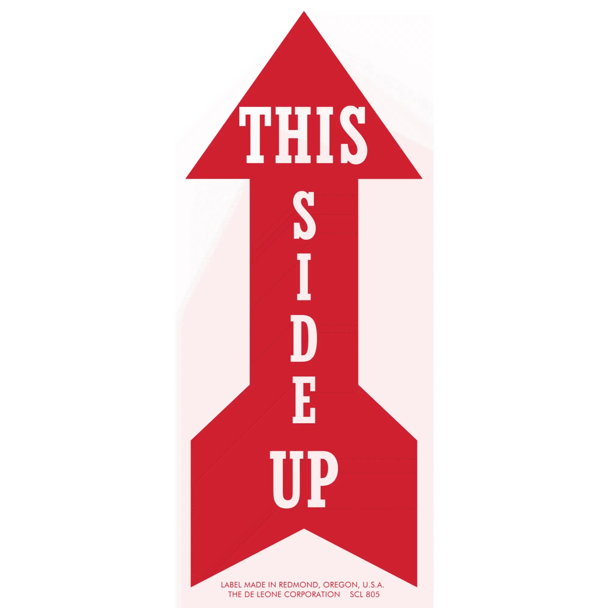 Red arrow-shaped sign with white text reading ’THIS SIDE UP’