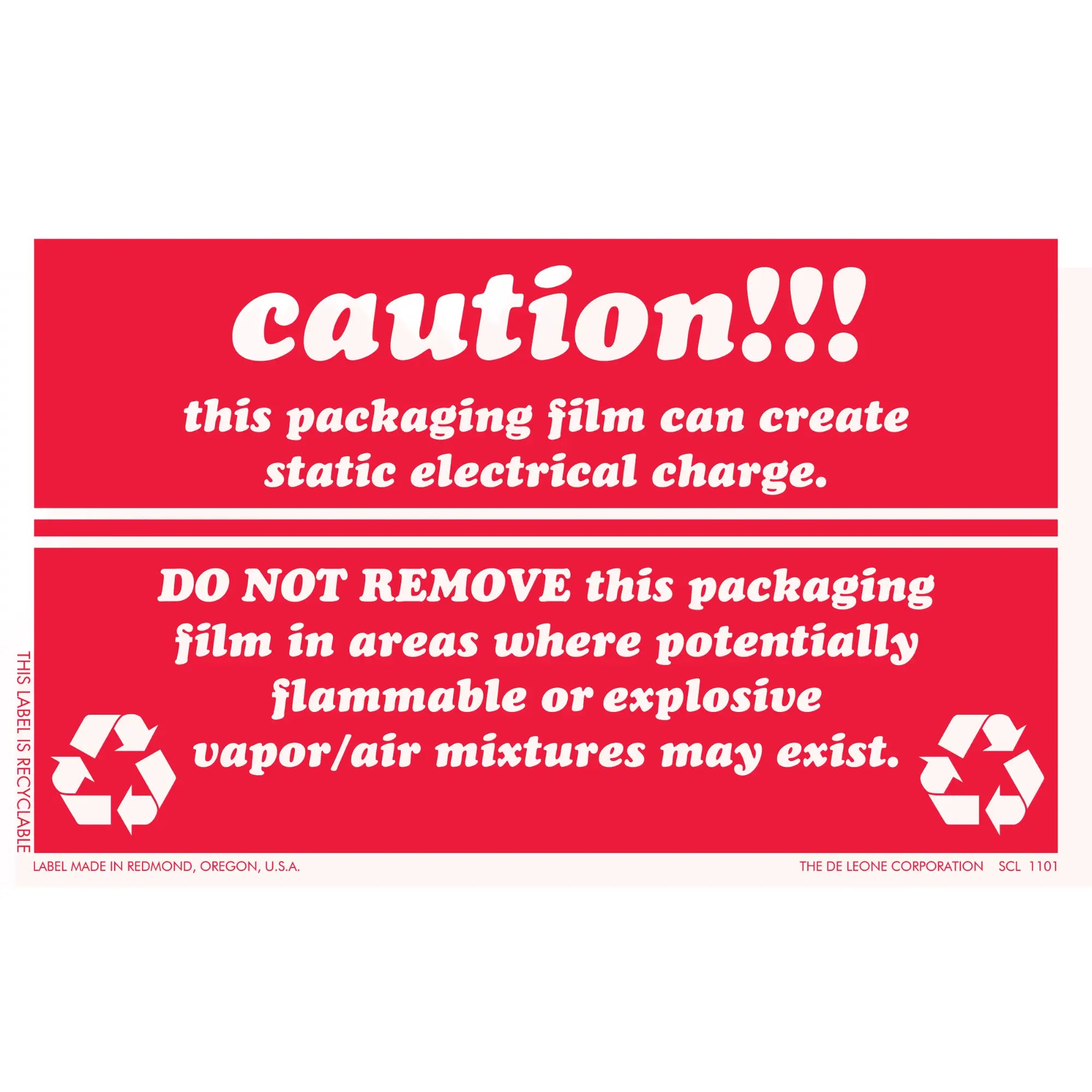 Red warning label about static electricity and flammable hazards from packaging film.
