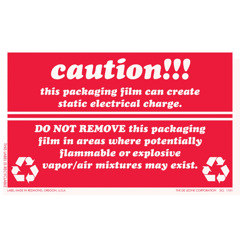 Red warning label about static electricity and flammable hazards from packaging film.