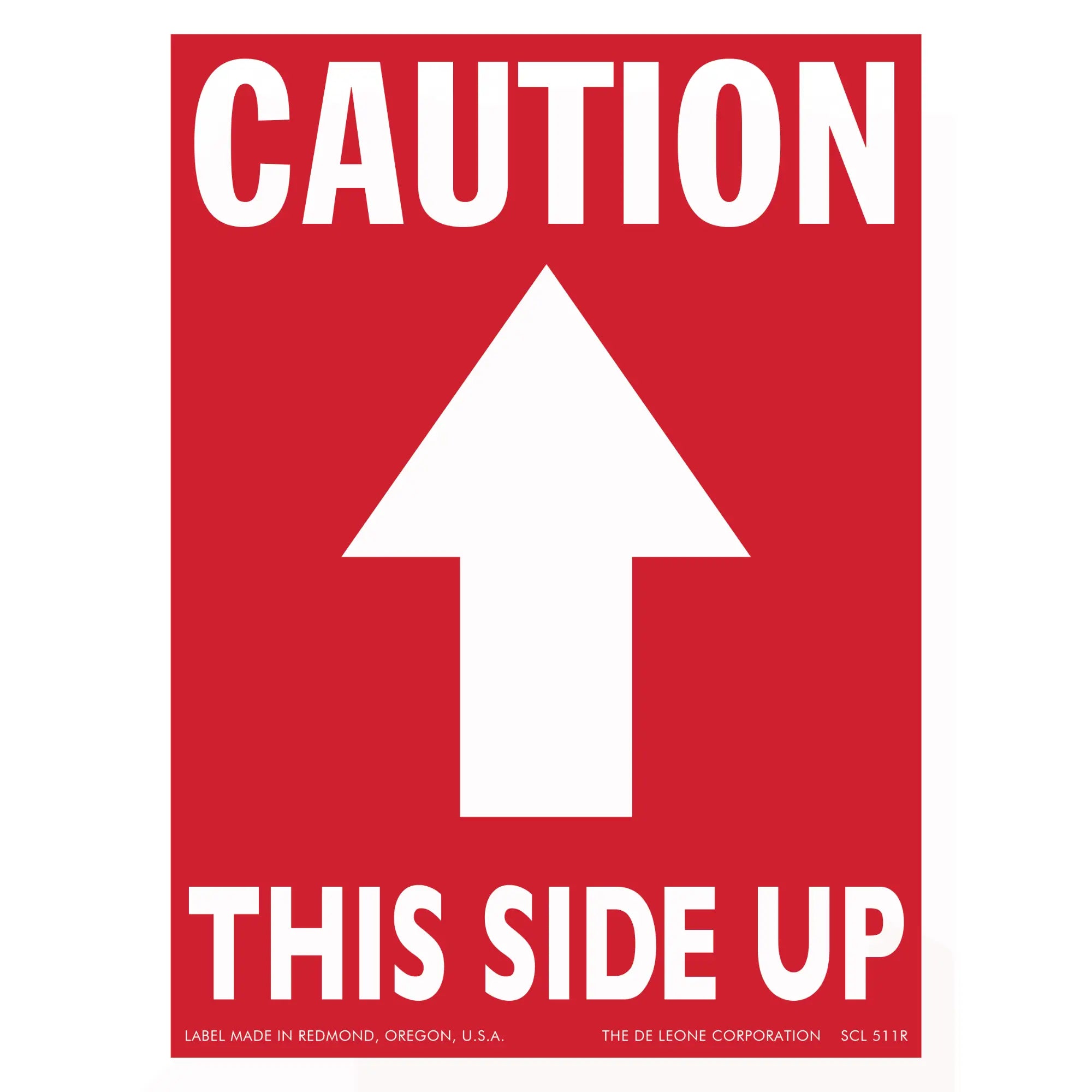 Red caution sign with white arrow pointing upward and text reading ’THIS SIDE UP’