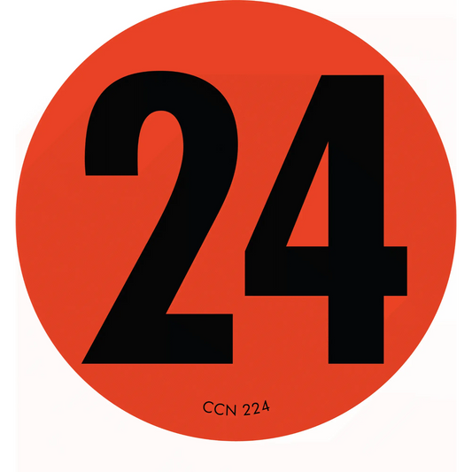 Black number 24 on a red circular background.