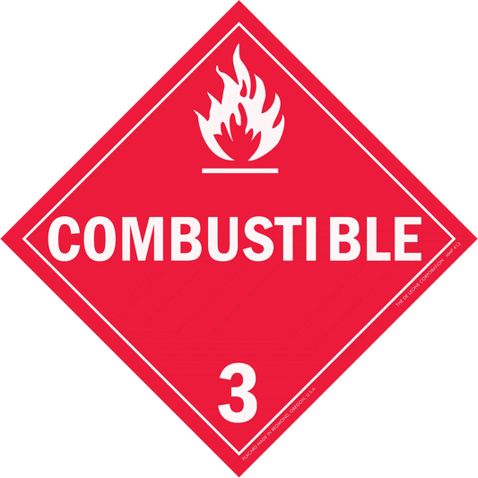 Red diamond-shaped warning sign displaying ’COMBUSTIBLE 3’’ with a flame symbol.