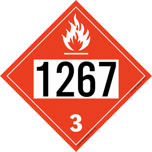 Red diamond-shaped hazardous material placard displaying ’1267’’ and ’3’’ with a flame symbol.