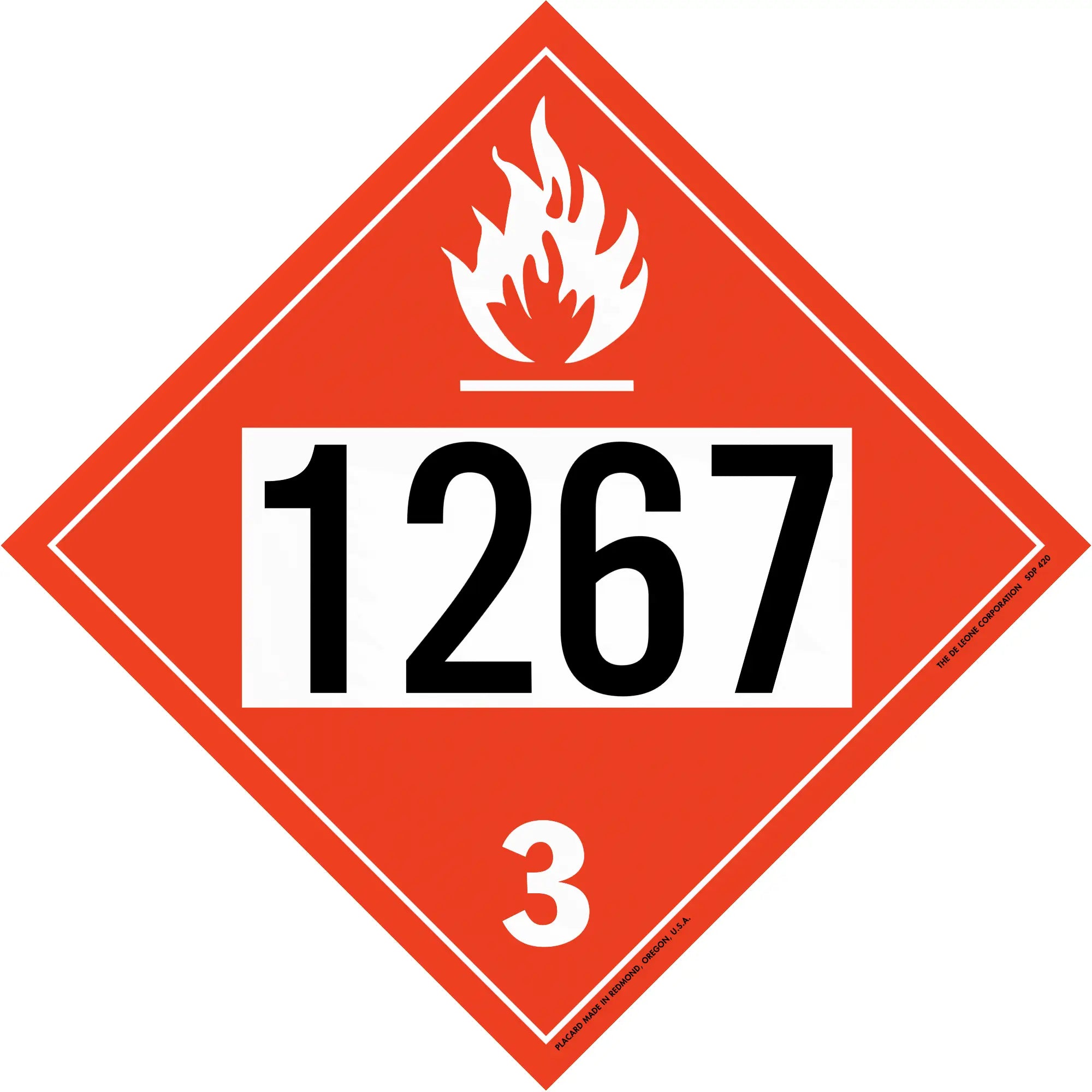 Red diamond-shaped hazardous material placard displaying ’1267’’ and ’3’’ with a flame symbol.
