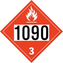 Red diamond-shaped hazardous material placard displaying ’1090’’ and a flame symbol with number 3.