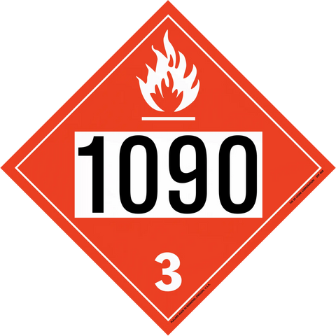 Red diamond-shaped hazardous material placard displaying ’1090’’ and a flame symbol with number 3.