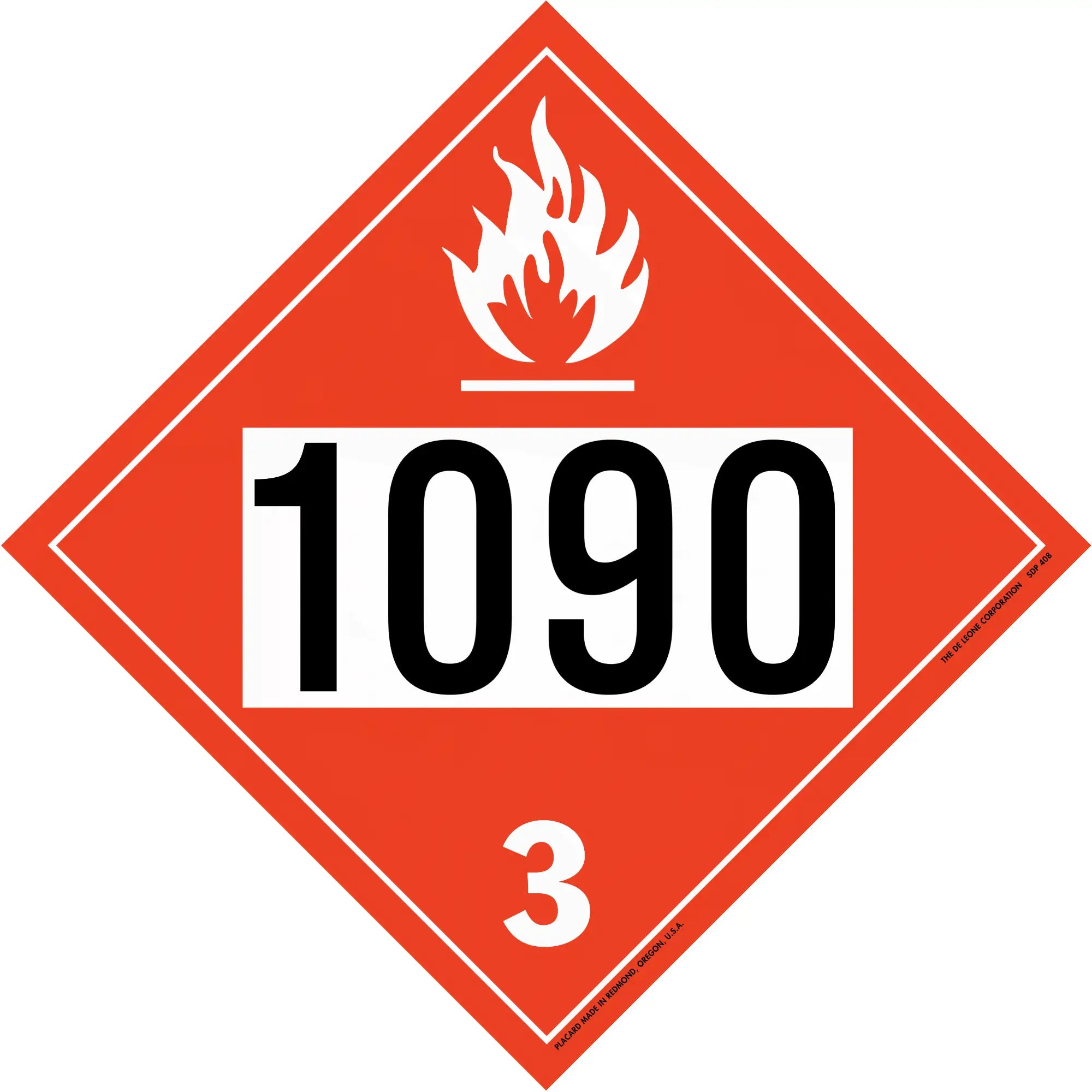 Red diamond-shaped hazardous material placard displaying ’1090’’ and a flame symbol with number 3.