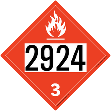 Red diamond-shaped hazardous material placard displaying ’2924’’ and a flame symbol with hazard class 3.