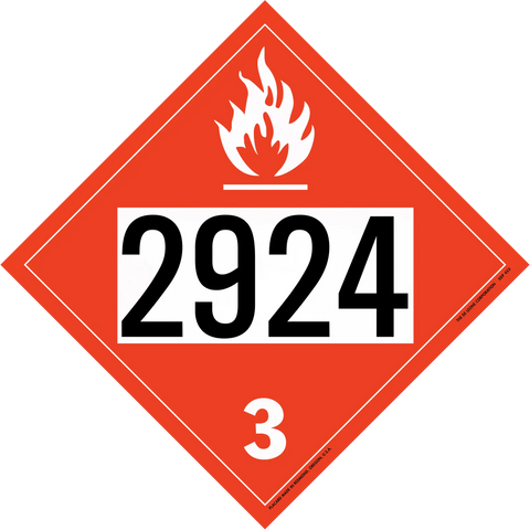 Red diamond-shaped hazardous material placard displaying ’2924’’ and a flame symbol with hazard class 3.