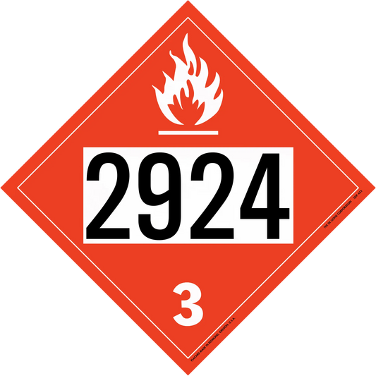 Red diamond-shaped hazardous material placard displaying ’2924’’ and a flame symbol with hazard class 3.