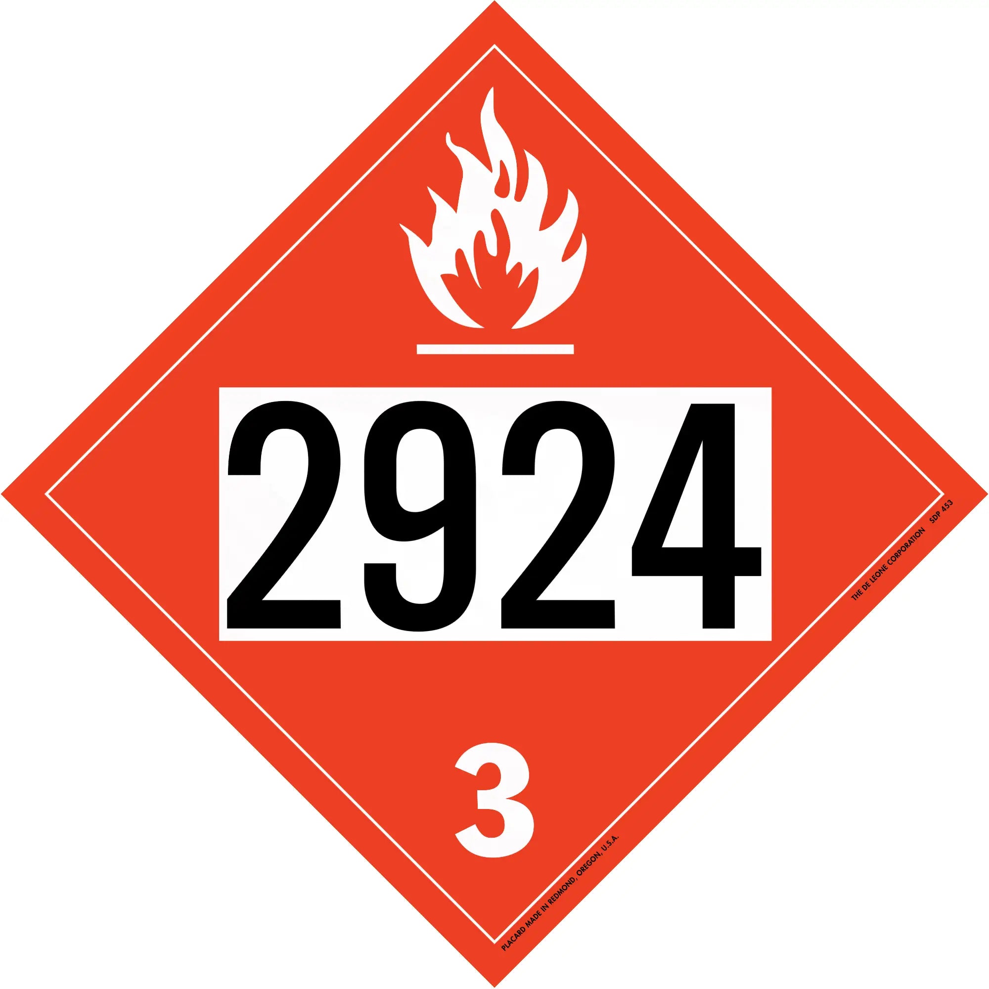 Red diamond-shaped hazardous material placard displaying ’2924’’ and a flame symbol with hazard class 3.