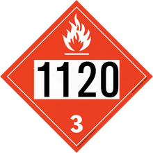 Red diamond-shaped hazardous material placard displaying ’1120’’ and class 3 flammable liquid symbol.