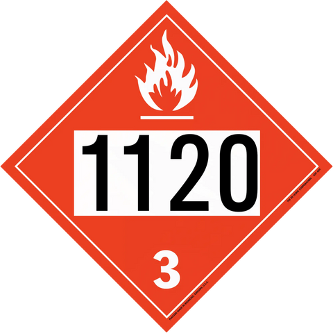 Red diamond-shaped hazardous material placard displaying ’1120’’ and class 3 flammable liquid symbol.