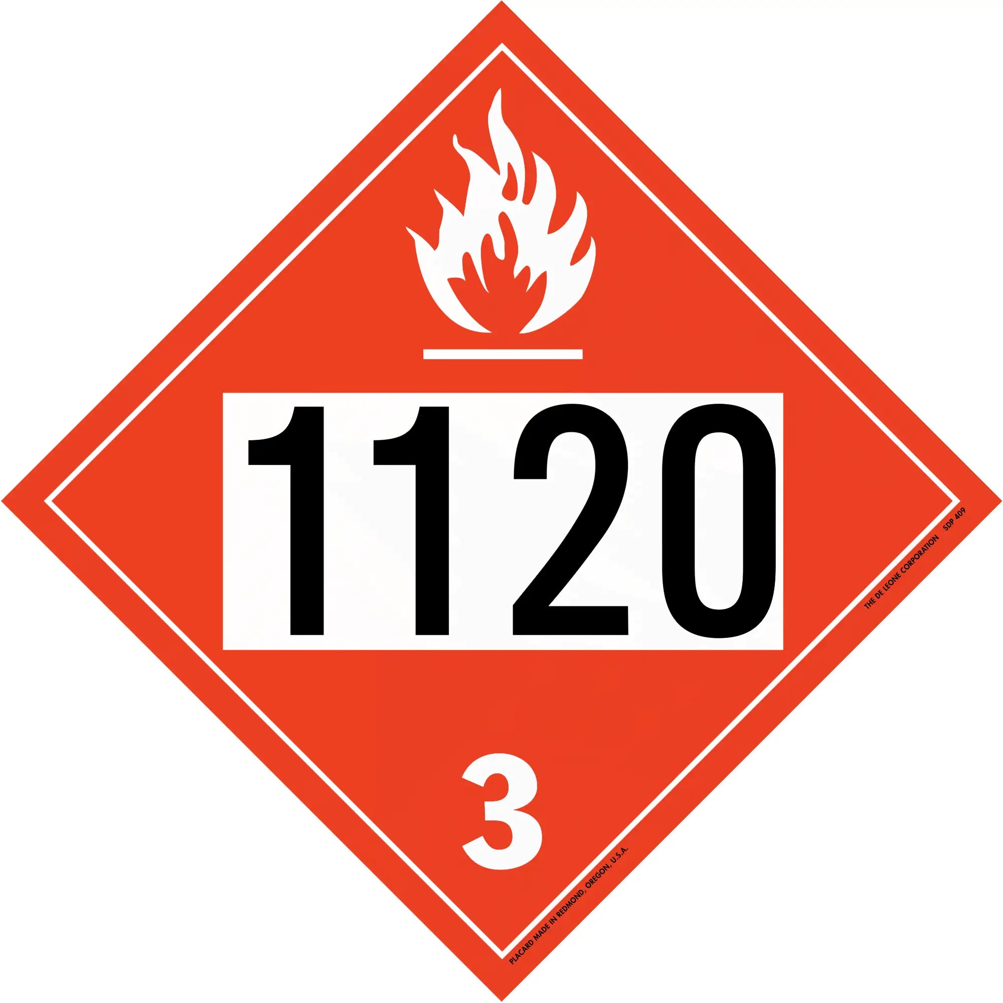 Red diamond-shaped hazardous material placard displaying ’1120’’ and class 3 flammable liquid symbol.