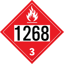 Red diamond-shaped hazardous material placard displaying ’1268’’ and ’3’’ with a flame symbol.