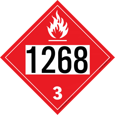 Red diamond-shaped hazardous material placard displaying ’1268’’ and ’3’’ with a flame symbol.