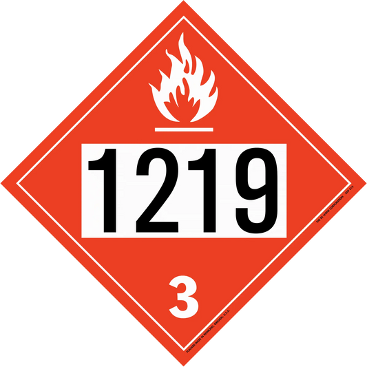 Red diamond-shaped hazardous material placard displaying ’1219’’ and ’3’’ with a flame symbol.