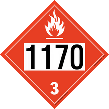 Red diamond-shaped hazardous material placard displaying ’1170’’ with a flame symbol and number ’3’’.