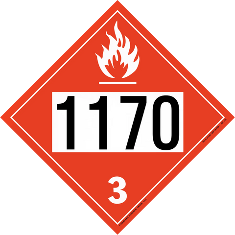 Red diamond-shaped hazardous material placard displaying ’1170’’ with a flame symbol and number ’3’’.