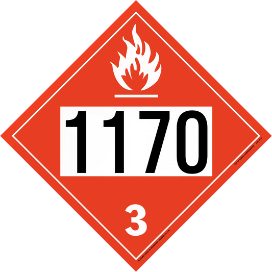 Red diamond-shaped hazardous material placard displaying ’1170’’ with a flame symbol and number ’3’’.