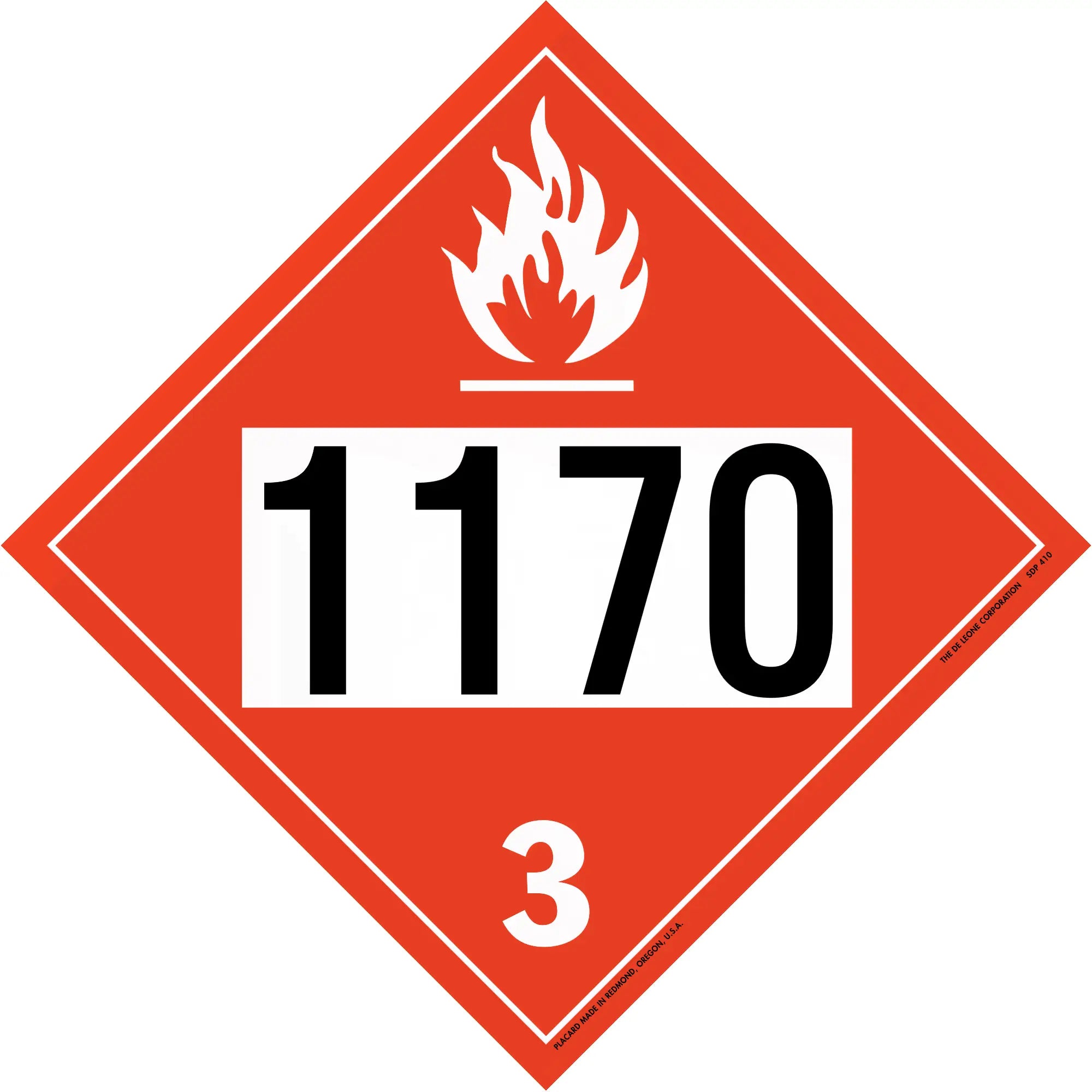 Red diamond-shaped hazardous material placard displaying ’1170’’ with a flame symbol and number ’3’’.