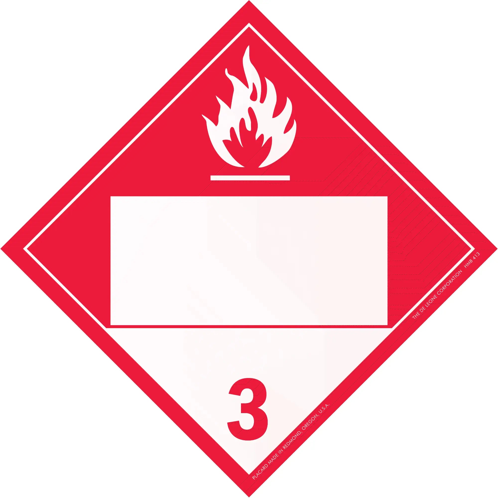 Red diamond-shaped hazard placard with flame symbol and number 3, indicating flammable liquids.