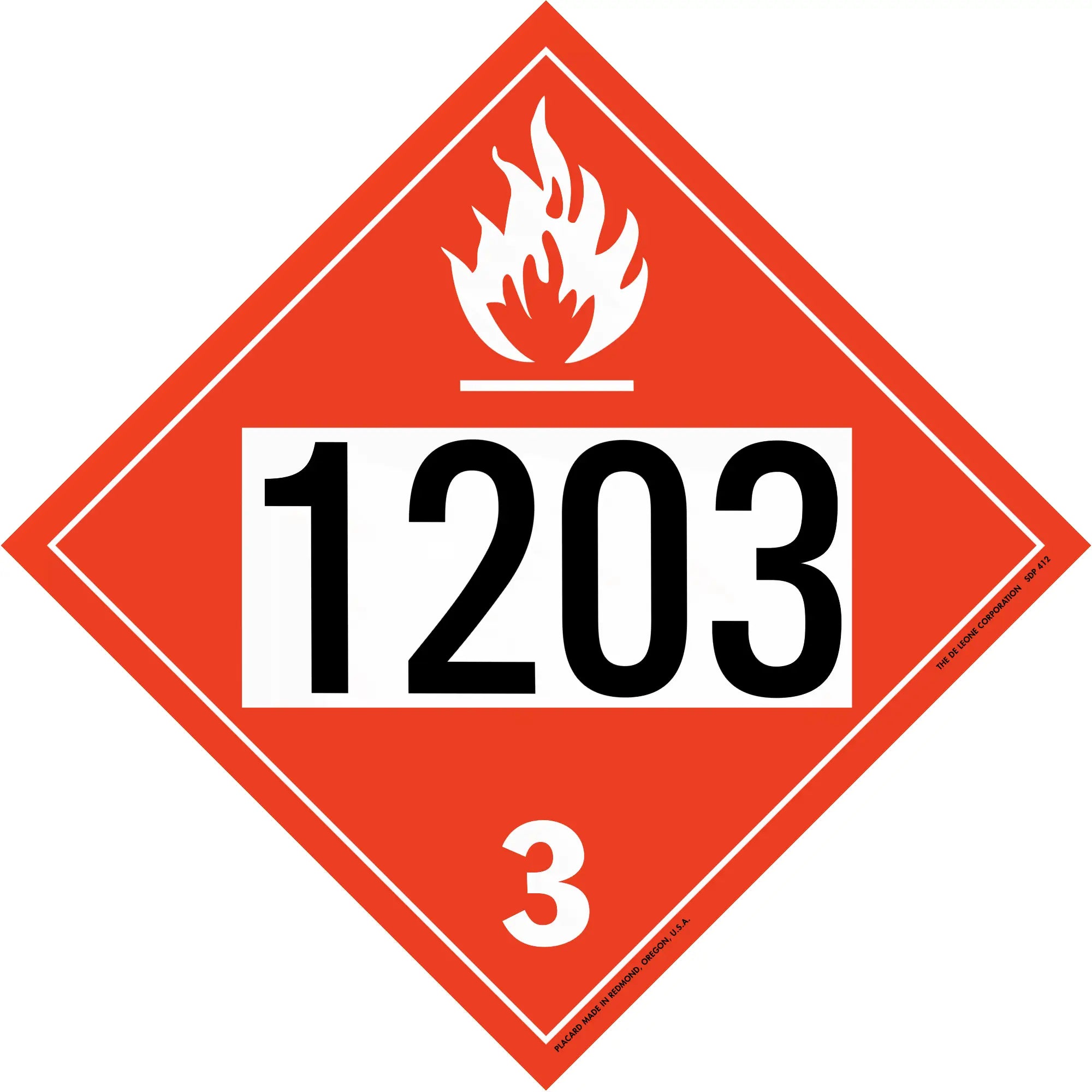 Red diamond-shaped hazardous material placard displaying ’1203’’ with a flame symbol and number 3.