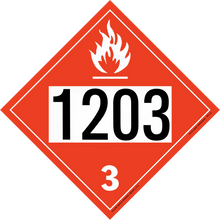 Red diamond-shaped hazardous material placard displaying ’1203’’ with a flame symbol and number 3.