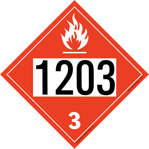 Red diamond-shaped hazardous material placard displaying ’1203’’ with a flame symbol and number 3.